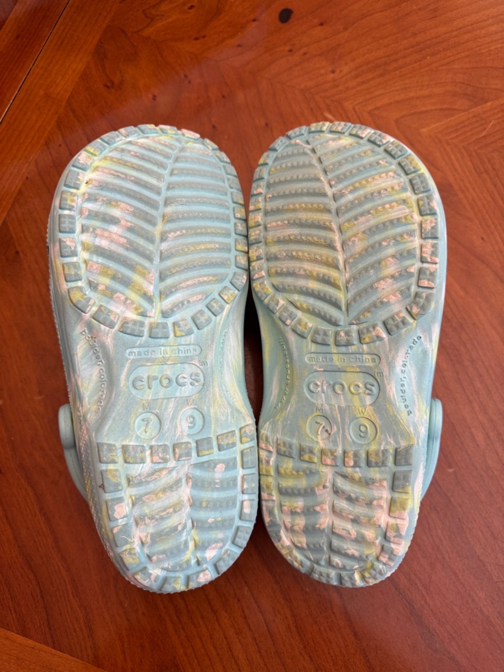 CROCS Tie-Dye Light Blue, Green and White Classic Clogs - Picture 3 of 4